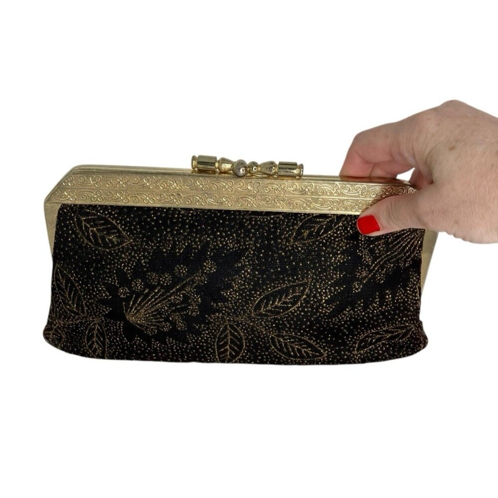 70s Vintage Velvet Clutch Purse‎ Maroon Gold Sparkle Kiss Lock Evening Bag Metal